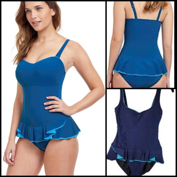 Shore Shapes Active Control Power Mesh Lined Blue Peplum Beach Resort Swimsuit 8 - Picture 1 of 15